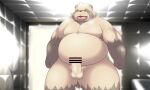  2023 anthro balls belly big_belly brown_body canid canine censored erection genitals hi_res kemono male mammal overweight overweight_male penis raccoon_dog solo tai_tanuki tanuki 