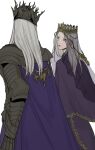  2boys armor cape closed_mouth crown dark_souls_(series) dark_souls_iii full_armor gauntlets grey_hair k34dsds long_hair looking_to_the_side lorian_(elder_prince) lothric_(younger_prince) male_focus multiple_boys otoko_no_ko purple_cape purple_robe robe simple_background smile white_background white_hair 
