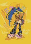  1girl backpack bag blue_eyes blue_hair groongloon hand_up hatsune_miku highres kneeling looking_at_viewer shoes sign signature simple_background smile sneakers solo solo_focus standing tagme text_focus twintails vocaloid yellow_background 