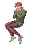  1boy 2608337875 absurdres adapted_costume bespectacled cherry_earrings earrings food-themed_earrings glasses hat highres jewelry jojo_no_kimyou_na_bouken kakyoin_noriaki male_focus own_hands_together purple_eyes red_hair shoes sleeves_past_wrists solo stardust_crusaders sweater 