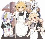  1boy 3girls aether_(genshin_impact) ahoge apron apron_lift black_bow black_dress black_eyes blonde_hair bow broom child closed_mouth dress hair_between_eyes holding holding_broom imoko_(imo_ss) klee_(genshin_impact) lifted_by_self long_hair looking_at_viewer maid maid_apron maid_headdress medium_hair multiple_girls open_mouth pointy_ears purple_hair qiqi_(genshin_impact) red_eyes short_sleeves short_twintails smile sparkle talisman twintails white_apron white_hair yellow_eyes 