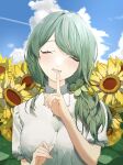  1girl closed_eyes cloud clover_hair_ornament day facing_viewer field flower flower_field green_hair hair_ornament highres index_finger_raised indie_virtual_youtuber long_hair shirt short_sleeves smile solo sumi_suya sunflower sunflower_field upper_body virtual_youtuber white_shirt 