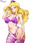  advance_wars artist_name bikini blonde_hair blush breasts cleavage dated floating_hair hand_in_own_hair hand_on_own_hip large_breasts lingerie long_hair looking_at_viewer mina_cream mole nell_(advance_wars) purple_bikini purple_headwear signature swimsuit toned underwear 