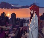  1girl ahoge city closed_eyes cloud coffee_mug cup from_side gradient_sky hand_in_pocket highres long_hair long_sleeves mug one_side_up open_mouth original profile red_hair shirt sky solo some1else45 steam sunlight tears twilight white_shirt window yawning 