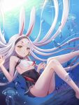 1girl animal_ears ass azur_lane bare_legs bare_shoulders black_dress black_hairband blush breasts clothed_bath crop_top diving dress fish habu_rin hair_between_eyes hairband highres jellyfish knees_together_feet_apart knees_up leg_up long_hair looking_at_viewer medium_breasts no_bra ocean open_mouth outdoors rabbit_ears rabbit_girl shimakaze_(azur_lane) sleeveless small_breasts solo staring underboob underwater upskirt very_long_hair white_hair yellow_eyes 