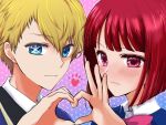  +_+ 1boy 1girl arima_kana asyura0925 blonde_hair blue_eyes blue_vest blush bob_cut closed_mouth heart heart_hands heart_hands_duo hoshino_aquamarine inverted_bob looking_at_viewer oshi_no_ko red_eyes red_hair school_uniform short_hair smile vest youtou_high_school_uniform 