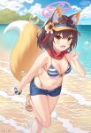  1girl animal_ears beach bikini blue_archive breasts brown_hair day denim denim_shorts fang fox_ears fox_girl fox_tail highres izuna_(blue_archive) izuna_(swimsuit)_(blue_archive) looking_at_viewer lu_b ocean open_mouth outdoors sand short_hair short_shorts shorts skin_fang small_breasts smile solo striped striped_bikini swimsuit tail visor_cap yellow_eyes 