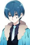  1boy blue_eyes blue_hair blue_jacket blue_necktie blue_shirt blue_vest closed_mouth collared_shirt commentary_request employee_(lobotomy_corporation) eyebrows_hidden_by_hair fur-trimmed_jacket fur_trim hair_between_eyes jacket lobotomy_corporation looking_at_viewer male_focus medu_(rubish) necktie open_clothes open_jacket project_moon shirt short_hair simple_background solo vest white_background 