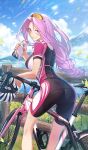  1girl ass bicycle blue_sky breasts cycling_uniform fate/grand_order fate_(series) forehead grin large_breasts long_hair looking_at_viewer looking_back medusa_(fate) medusa_(rider)_(fate) official_art parted_bangs purple_eyes purple_hair sidelocks sky smile solo very_long_hair yachimoto 