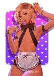  1girl apron arm_up armband armpits artist_name black_armband black_bow black_bowtie black_ribbon blonde_hair border bow bowtie breasts collar commentary cropped_legs ear_piercing english_commentary frilled_apron frills gradient_background halterneck head_tilt inhoso instagram_logo lipstick looking_at_viewer makeup nail_polish naked_apron original outside_border patreon_logo piercing pink_background pointy_ears purple_background red_eyes red_lips red_nails ribbon shadow short_hair small_breasts solo twitter_logo white_border wrist_cuffs 