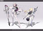  2girls absurdres ahoge anti-materiel_rifle asymmetrical_sleeves blonde_hair blue_eyes bodysuit colored_inner_hair contrapposto covered_navel full_body fysc gloves grey_background grey_hair grin gun hand_on_own_hip helmet high_heels highres holding holding_gun holding_helmet holding_weapon long_hair looking_at_viewer low_twintails medium_hair multicolored_hair multiple_girls original purple_eyes purple_hair rifle science_fiction shadow short_hair skin_tight smile sniper_rifle standing submachine_gun twintails two-tone_hair weapon wedge_heels white_bodysuit white_gloves wind wind_lift 