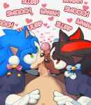  &lt;3 anthro arrow_hearted bodily_fluids clothed clothing crossdressing double_oral first_person_view genitals girly group hi_res human male male/male mammal oral penis saliva saliva_on_penis sega shadow_the_hedgehog sonic_the_hedgehog sonic_the_hedgehog_(series) trio 