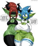  absurd_res big_breasts blindfold blue_hair bottomless breasts cleavage clothed clothing collar duo genitals goblin green_body green_skin hair hand_on_hip hi_res humanoid legwear not_furry pussy thick_thighs thigh_highs twistingtoxic 