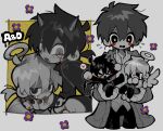  3boys absurdres angel_and_devil angel_wings black_footwear black_nails black_sweater blood blood_on_face blush boots cardigan collared_shirt dark_konoha demon_horns demon_tail demon_wings grey_cardigan grey_pants halo highres horns kagerou_project kokonose_haruka konoha_(kagerou_project) long_sleeves looking_at_viewer mini_person miniboy multiple_boys multiple_persona open_mouth pants shirt simple_background sitting sweater tail tears tonkatsu184 white_background white_shirt white_sweater wings 