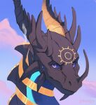  2023 ambiguous_gender blue_glow blue_sky collar dragon feral glowing grey_body grey_horn headshot_portrait hi_res horn looking_at_viewer portrait purple_sclera serious_face sky snout solo yellow_collar yellow_eyes yessys 