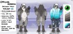  anthro bottomwear character_name clothing denim denim_clothing emile_rowan fluffy front_view fur green_eyes grey_body grey_fur hi_res hoodie jeans looking_at_viewer male mammal model_sheet overweight overweight_anthro overweight_male pants procyonid raccoon rear_view saerixdurr signature slightly_chubby solo text topwear torn_bottomwear torn_clothing torn_jeans torn_pants 
