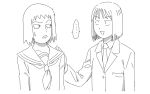  ... 2girls crossover eyelashes iwakura_mitsumi jacket jinou_rakugaki kurata_tome long_sleeves mob_psycho_100 multiple_girls necktie open_mouth school_uniform serafuku shared_speech_bubble shirt short_hair simple_background skip_to_loafer smile speech_bubble sweatdrop trait_connection white_background 