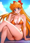  1girl aino_minako arm_support artist_name bare_arms bare_shoulders bikini bishoujo_senshi_sailor_moon blonde_hair blue_eyes blue_sky bow breasts cleavage cloud cloudy_sky collarbone covered_nipples crossed_legs day hair_bow hair_ornament hand_up highleg highleg_bikini highres large_breasts long_hair looking_at_viewer open_mouth orange_bikini outdoors oyaman signature simple_background sitting sky swimsuit thighs 