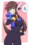  1girl absurdres aile_(mega_man_zx) black_bodysuit blush bodysuit breasts brown_hair buzzlyears covered_navel fang green_eyes highres large_breasts long_hair looking_at_viewer mega_man_(series) mega_man_zx open_mouth solo speech_bubble 