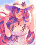  1girl alear_(female)_(fire_emblem) alear_(fire_emblem) alternate_costume blue_hair closed_eyes dress fire_emblem fire_emblem_engage hat highres jewelry long_hair multicolored_hair naninnai necklace red_hair smile solo two-tone_hair white_dress 