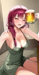  1girl absurdres bare_shoulders beer_mug blush bocchi_the_rock! braid breasts cleavage closed_eyes collarbone covered_nipples cup dress fang green_dress hair_over_shoulder hand_up highres hiroi_kikuri holding holding_cup indoors large_breasts long_hair mug open_mouth ori_(0rizuru) purple_hair single_braid sitting sleeveless sleeveless_dress smile solo sweat 