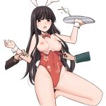  1girl :o alternate_costume animal_ears assisted_exposure bare_legs bare_shoulders black_eyes black_hair blunt_bangs blush bow bowtie breasts clothes_pull commentary covered_navel cup detached_collar drinking_glass highleg highleg_leotard highres holding holding_another&#039;s_wrist holding_tray houraisan_kaguya large_breasts leotard leotard_pull long_hair miyo_(ranthath) nipples open_mouth playboy_bunny rabbit_ears rabbit_tail red_bow red_bowtie red_leotard simple_background solo_focus spilling tail touhou tray very_long_hair white_background wrist_cuffs 