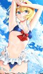  1girl absurdres alice_margatroid armpits arms_up bikini blonde_hair blue_bikini blue_eyes bow breasts cloud cloudy_sky commentary dedemaru frilled_bikini frilled_hairband frills hairband highres looking_to_the_side navel ocean red_bow red_hairband short_hair sky small_breasts smile solo splashing standing swimsuit teeth touhou wading water wet 
