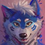  2022 anthro black_nose blue_body blue_fur canid canine cheek_tuft digital_media_(artwork) digital_painting_(artwork) facial_tuft fur hair headshot_portrait hi_res inner_ear_fluff latrans looking_at_viewer male mammal pink_background portrait simple_background smug solo tongue tongue_out tuft white_hair wjite_fur yellow_eyes 