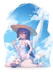  1girl absurdres artist_name beach beach_umbrella caisena character_doll cloud commentary_request covered_navel crossover day dress food hat highres holding holding_food holding_ice_cream honkai:_star_rail honkai_(series) honkai_impact_3rd ice_cream long_hair looking_at_viewer one-piece_swimsuit outdoors parted_lips purple_eyes purple_hair see-through see-through_dress seele_vollerei short_dress silver_wolf_(honkai:_star_rail) sitting sky solo spaghetti_strap stuffed_toy sun_hat swimsuit umbrella very_long_hair wariza white_dress 