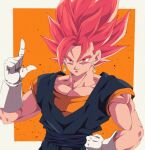 1boy biceps black_sash border bure_(fantasticyouth7) closed_mouth collarbone commentary_request dougi dragon_ball dragon_ball_super earrings gloves hair_between_eyes hand_on_own_hip hand_up highres jewelry looking_at_viewer male_focus muscular muscular_male orange_background orange_shirt outside_border pectoral_cleavage pectorals potara_earrings red_eyes red_hair sash shirt short_sleeves simple_background smile smirk solo spiked_hair super_saiyan super_saiyan_god upper_body v-shaped_eyebrows vegetto white_border white_gloves 