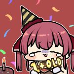  1girl birthday_cake blush cake chibi closed_eyes covered_navel cropped_jacket food hair_ribbon hat hololive houshou_marine jacket jazz_jack leotard leotard_under_clothes long_hair lowres open_mouth party_hat red_hair red_jacket red_ribbon ribbon see-through see-through_leotard shirt sleeveless sleeveless_jacket tears twintails virtual_youtuber white_shirt 