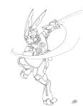  2023 absurd_res android anthro attack belt belt_pouch catmonkshiro clothing hi_res holding_object holding_sword holding_weapon justice_(miwauturu) lagomorph leporid machine male mammal melee_weapon motion_lines open_mouth pen_(artwork) rabbit robot simple_background solo sword tabard tabard_only traditional_media_(artwork) weapon wheel white_background 
