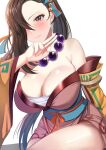  1girl bare_shoulders bead_necklace beads blush breasts brown_eyes brown_hair cleavage cowboy_shot detached_sleeves fire_emblem fire_emblem_fates fire_emblem_heroes hair_ornament hair_over_one_eye hand_up highres japanese_clothes jewelry kagero_(fire_emblem) kagero_(winds_offered)_(fire_emblem) kimono large_breasts long_hair looking_at_viewer mature_female necklace official_alternate_costume pelvic_curtain ponytail short_kimono sitting smile solo tara_(szzj7733) thighs white_background 