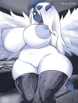  anthro big_breasts breasts clothing collar female fur genitals hi_res horn huge_breasts legwear looking_at_viewer mammal mega_absol mega_evolution navel nintendo nipples nude pokemon pokemon_(species) pukemilked pussy red_eyes skullwife slightly_chubby smile solo spiked_collar spikes tail thick_thighs thigh_highs white_body white_fur wide_hips wings 