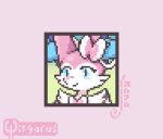  1girl :t ^_^ animal_ear_fluff animal_ears animal_nose animated animated_gif artist_name blue_eyes body_fur bow bowtie braixen character_name cheek_press closed_eyes closed_mouth commentary commission english_commentary english_text fangs fox_ears fox_girl furry furry_female fushigi_no_dungeon fusion hair_bow happy laughing looping_animation notice_lines open_mouth pink_background pink_bow pink_bowtie pink_fur pink_theme pixel_art pokemon pokemon_(creature) pokemon_(game) pokemon_mystery_dungeon portrait ribbon signature simple_background smile snout solo sylveon two-tone_fur white_fur white_ribbon wisgarus 