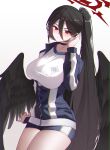  1girl absurdres akira_(if_eyeeye) black_choker black_hair black_wings blue_archive blush breasts choker collarbone commentary feathered_wings gym_shirt gym_shorts gym_uniform hair_between_eyes halo hasumi_(blue_archive) hasumi_(track)_(blue_archive) highres jacket large_breasts large_wings long_hair long_sleeves looking_at_viewer mole mole_under_eye official_alternate_costume official_alternate_hairstyle open_clothes open_jacket red_eyes shirt shorts sidelocks simple_background solo track_jacket white_background white_shirt wings zipper 