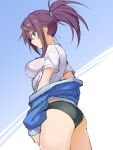  1girl ass bikini bikini_bottom_only black_bikini blue_eyes blue_jacket breasts from_side gym_uniform imura_(shiro_maru) jacket large_breasts long_hair looking_at_viewer off_shoulder original ponytail purple_hair shiro_maru shirt short_sleeves solo sports_bikini swimsuit t-shirt white_shirt 