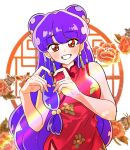  1girl bell blush bow china_dress chinese_clothes double_bun dress earrings flower goyobit grin hair_bell hair_bow hair_bun hair_flower hair_ornament heart heart_hands highres jewelry long_hair looking_at_viewer purple_hair ranma_1/2 red_dress red_eyes round_window shampoo_(ranma_1/2) sidelocks simple_background smile solo white_background window 