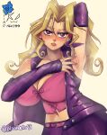  1girl arm_behind_head armpits artist_name belt blindhunter99 blonde_hair blush breasts cleavage detached_sleeves hair_between_eyes highres kujaku_mai large_breasts long_hair looking_at_viewer midriff navel parted_lips pink_belt pink_corset purple_eyes purple_skirt purple_sleeves purple_vest shadow skirt solo spread_armpit upper_body vest yellow_background yu-gi-oh! yu-gi-oh!_duel_monsters 