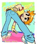  1boy artist_name ass ass_focus belt bishounen black_belt black_eyes dated denim english_text hand_on_own_hip jeans male_focus orange_hair pants scott_pilgrim scott_pilgrim_(series) scott_pilgrim_takes_off shirt short_hair simple_background smile solo teeth thick_eyebrows uluoe white_footwear 