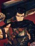 1boy absurdres berserk black_hair blood blood_on_weapon closed_mouth dragonslayer_(sword) frown guts_(berserk) highres holding holding_sword holding_weapon kayukawatanuki looking_at_viewer male_focus one_eye_closed red_background short_hair solo sword weapon 