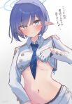  aoi_(blue_archive) black_panties blue_archive blue_hair blue_necktie blush breasts commentary_request earosoligt gloves halo highres medium_breasts midriff mole mole_under_eye navel necktie panties partial_commentary short_hair underwear white_gloves 