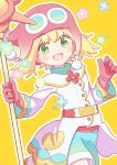  1girl amitie_(puyopuyo) beanie blonde_hair blue_shorts border coat gloves green_eyes hat highres holding holding_staff jazz_grace long_sleeves looking_at_viewer open_mouth puyopuyo puyopuyo_fever red_amitie red_gloves red_headwear short_hair shorts solo staff white_border white_coat 