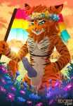  anthro arcanelynx clothing fishnet fishnet_clothing fishnet_topwear flag_(object) flower flower_crown flower_field flower_garland freedom genitals happy hi_res male nude pan penis pinup plant pose pride solo sunset thiccerbeast topwear 