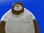  2023 anthro bear belly black_nose blue_background brown_body clothing hi_res kemono male mammal overweight overweight_male pommn_mn shirt simple_background solo topwear 