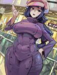  1girl blue_hair breasts cabbie_hat coat curvy freckles gundam gundam_build_fighters hand_on_own_hip hat impossible_clothes indoors kazo_(kazozakazo) large_breasts long_hair looking_at_viewer mihoshi_(gundam_bf) open_mouth ponytail wide_hips 