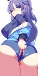  1girl ass blue_archive blue_eyes blue_jacket blush breasts buruma cameltoe closed_mouth commentary from_behind highres jacket large_breasts light_frown long_hair long_sleeves looking_at_viewer looking_back official_alternate_costume parted_bangs piao_mao pixel_art purple_hair shirt short_sleeves simple_background solo star_(symbol) thick_thighs thighs track_jacket twisted_torso underbutt v white_background yuuka_(blue_archive) yuuka_(track)_(blue_archive) 