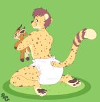  absurd_res antelope anthro big_diaper bovid breasts cheetah clothed clothing cuddlehooves diaper diaper_only felid feline female fur hi_res holding_object holding_plushie looking_back mammal pawpads plushie simple_background smile solo spots spotted_body spotted_fur topless 