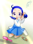  1girl antenna_hair bead_bracelet beads blue_dress blue_skirt bracelet comb dress hair_ornament jewelry mikan_soup ojamajo_doremi on_floor senoo_aiko signature skirt socks white_sleeves white_socks 