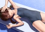  1girl armpits blue_one-piece_swimsuit brown_eyes brown_hair cameltoe commentary_request competition_school_swimsuit covered_nipples cowboy_shot flat_chest long_hair low_twintails lying one-piece_swimsuit original rohitsuka school_swimsuit solo swimsuit twintails 